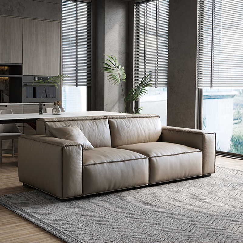 Beige grey Genuine Leather Standard Sofa, 27.56" H x 78.74" W x 37.4" D, Beige Gray