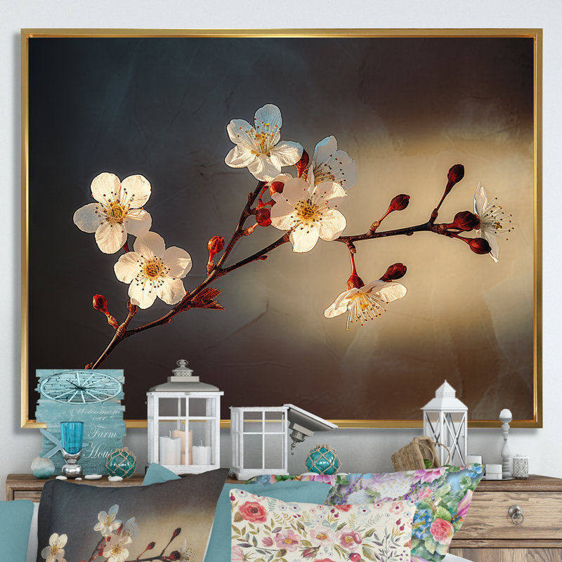 Cherry Blossom Charm en monochrome sur toile, Cadre flottant doré, H 24 po x l 32 po x P 1 po