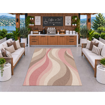Tapis d'extérieur 5' x 7' rose taupe à ruban vague, épais, solide, imperméable, en PVC bouclé, tapis de patio robuste, tapis intérieur/extérieur à séchage rapide pour cuisine, porche, terrasse, balcon, entrée.