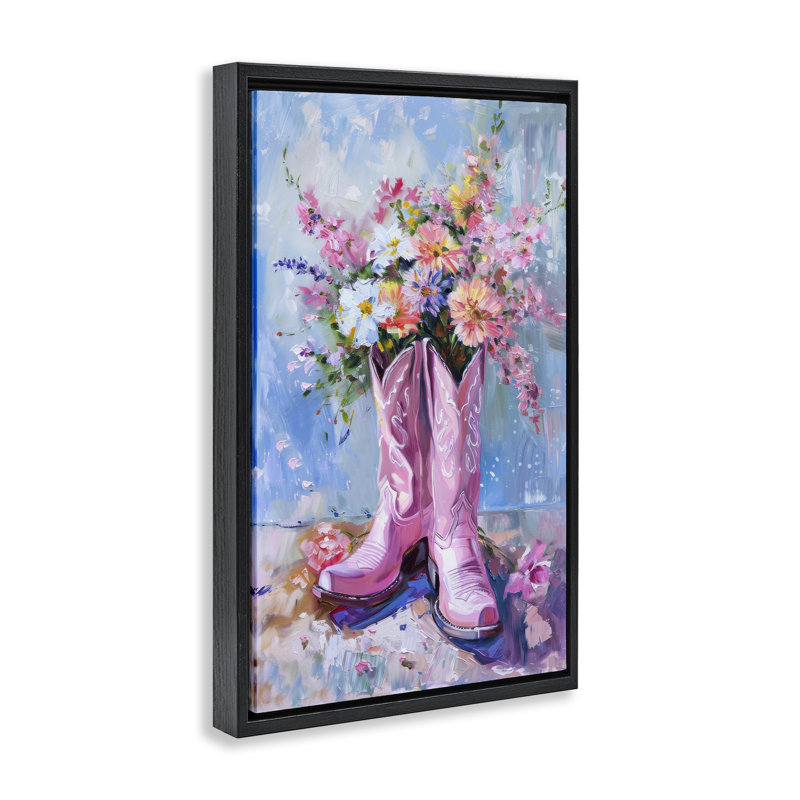 Toile flottante encadrée par des pétales, Cadre flottant noir de jais, H 31 po x l 21 po