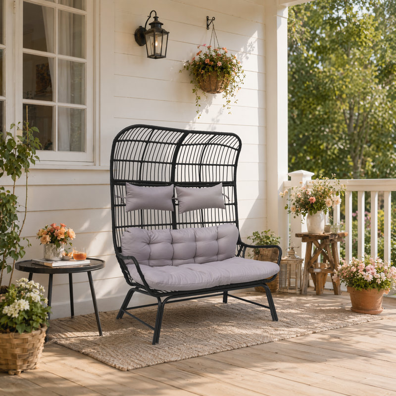 2-Piece Outdoor Wicker Patio Set With Detachable Cushions, Gray, Black