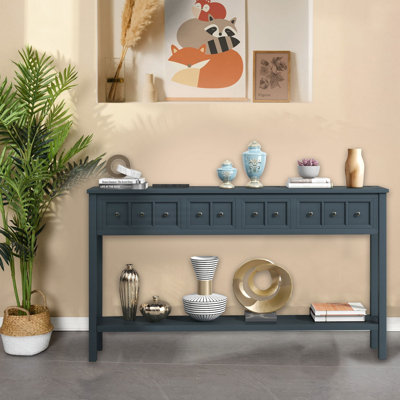 Rustic Wood Storage Sofa Console Table with two Different Size Drawers and Bottom Shelf