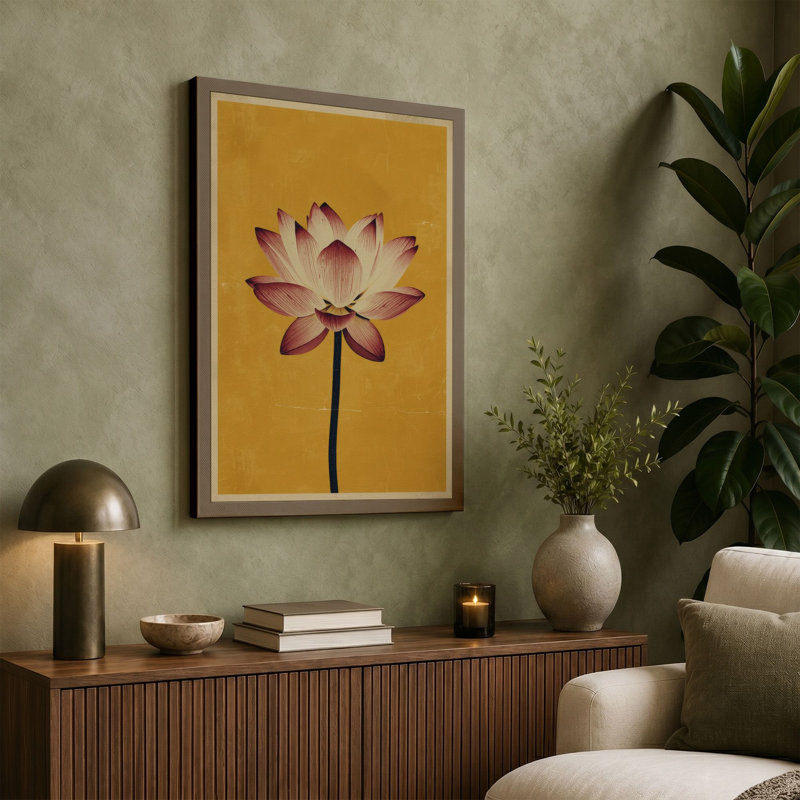 Serene Lotus Bloom Botanical - Wrapped Canvas, 36x24 - 91.4 x 61.0 cm, Ochre Border