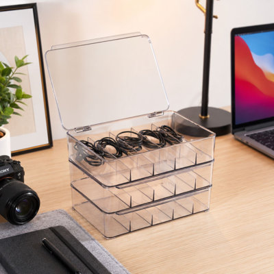 Sorbus Clear Cable Organizer Storage Boxes with Lid - for Cables, Chargers & Office Accessories, 3 Pack