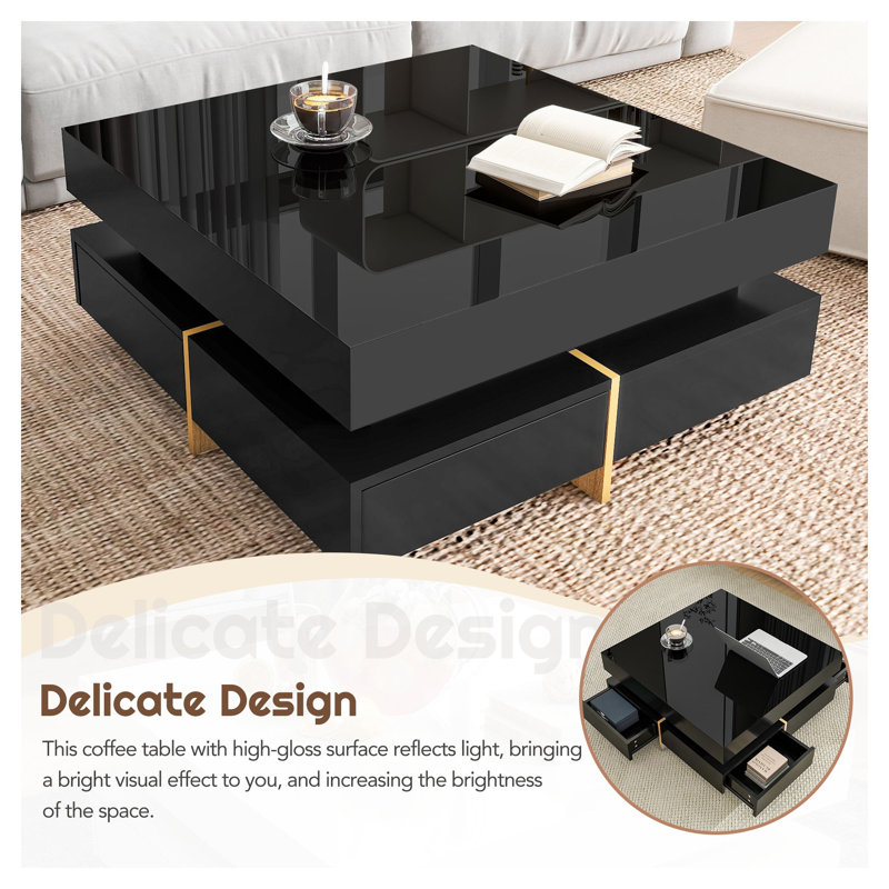 Table basse moderne carrée noire ultra brillante avec 4 tiroirs - 31,5 po Carré, Noir