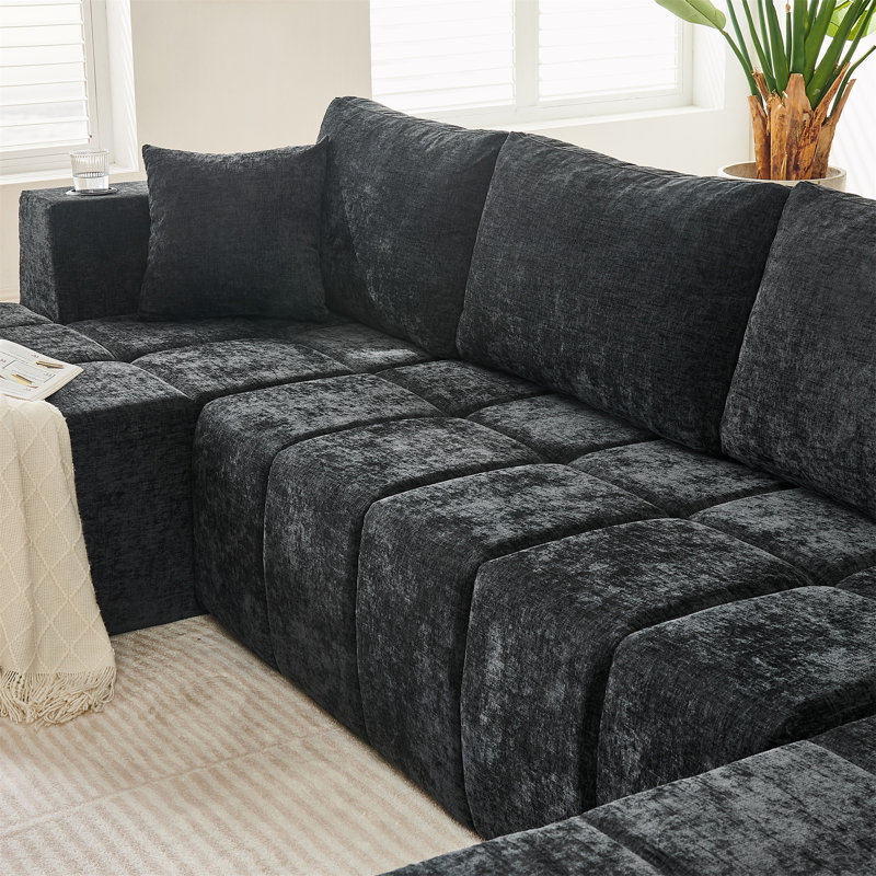 Canapé modulaire en chenille de 132 po en U, Chenille noir
