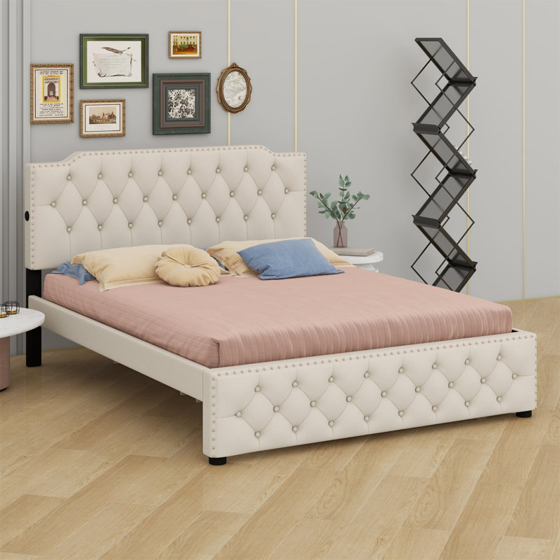 Lit plateforme tapissier avec lit gigogne et 2 ensembles de ports USB, Beige
