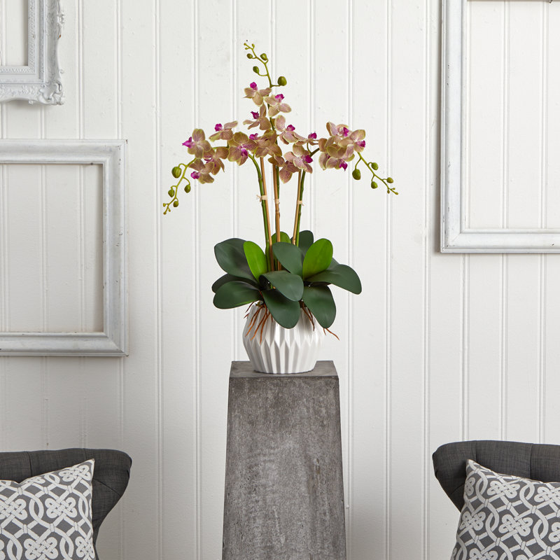 Elegant Faux Phalaenopsis Orchid Arrangement in White Ceramic Vase