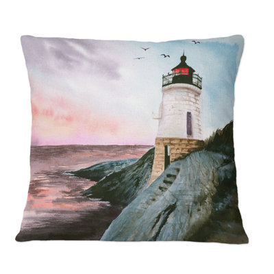 Castle Hill Lighthouse On Rocky Island On Sunset - Nautical & Coastal Printed Throw Pillow