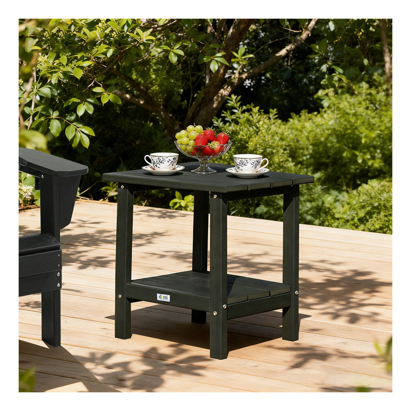 Table de bout extérieure en PEHD à 2 niveaux, table de bout de patio résistante aux intempéries avec tablette inférieure, noir
