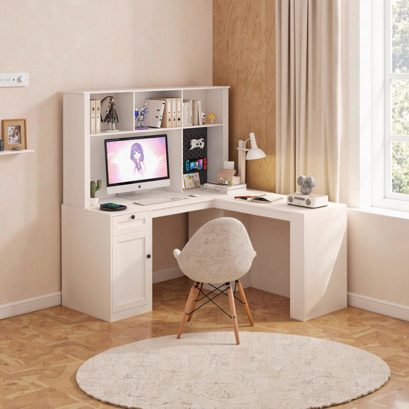Bureau d'ordinateur en L avec prise de courant et ports USB, bureau d'angle moderne de 59,44 po avec armoire de rangement et bibliothèque, bureau d'écriture de bureau à domicile, blanc