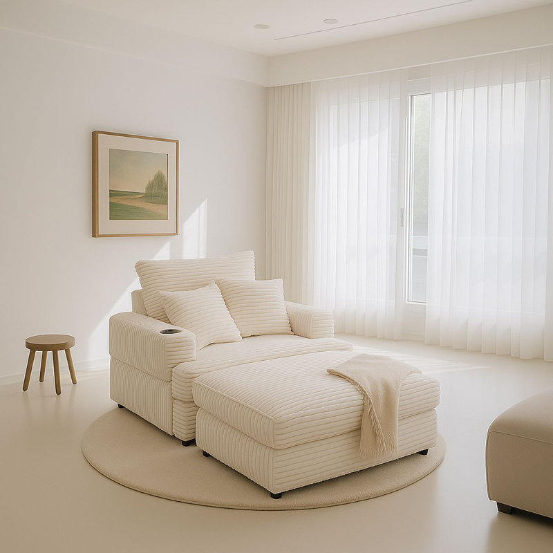 Oversized Corduroy Armchair with Ottoman and Built-In Cup Holder,Plush Lounge Chair with Pillows, Wide Seat, and Deep Storage