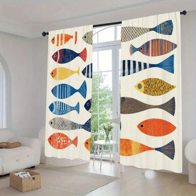 2Pcs rideaux à imprimé de poissons colorés, rideau filtrant la lumière à motif abstrait océan pour le salon, la chambre, la cuisine, la poche à tringle, la fenêtre, la décoration intérieure