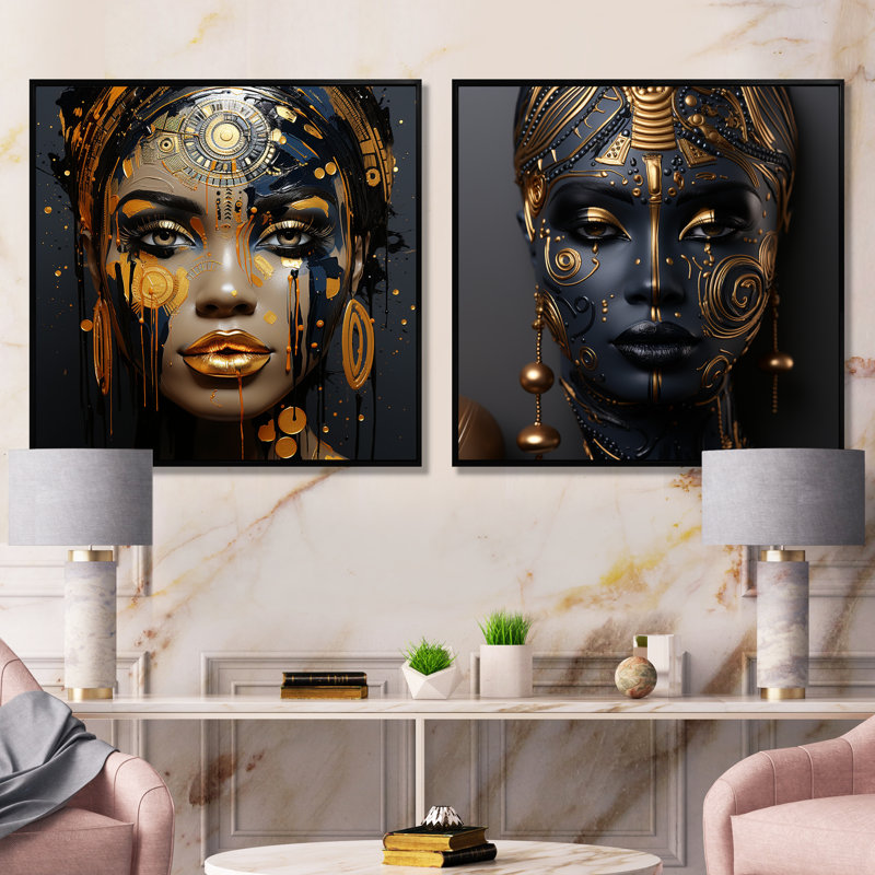 Tribus expressives noires et dorées, femme africaine I - femme, ensemble de 2 reproductions d'art mural, Cadre noir