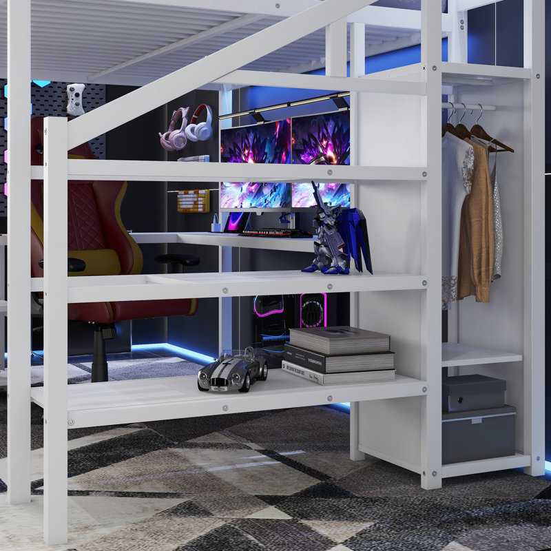 Lit mezzanine en métal avec garde-robe et lumière DEL, Blanc
