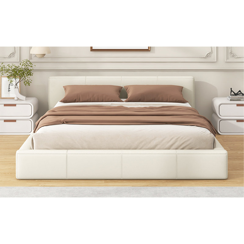 Lit tapissier beige pour une allure de chambre à coucher moderne, grand lit, bonne capacité de charge, lit minimaliste élégant, très grande répartition du poids par lattes