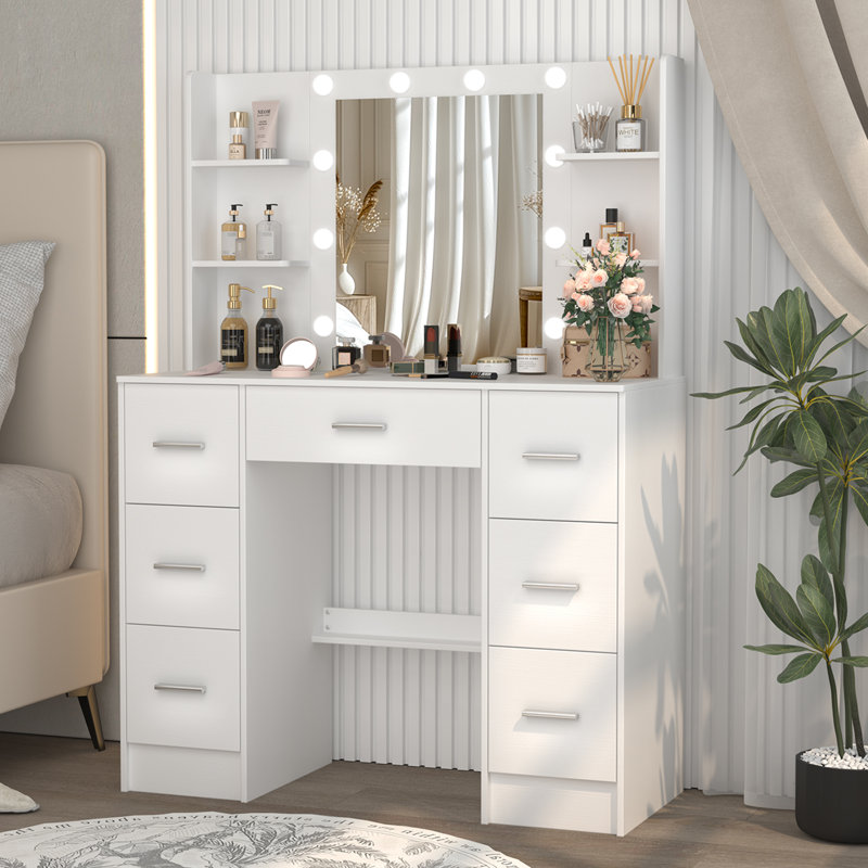 Ensemble de table de coiffeuse avec miroir lumineux à DEL avec tablettes et tiroirs, 3 modes d'éclairage