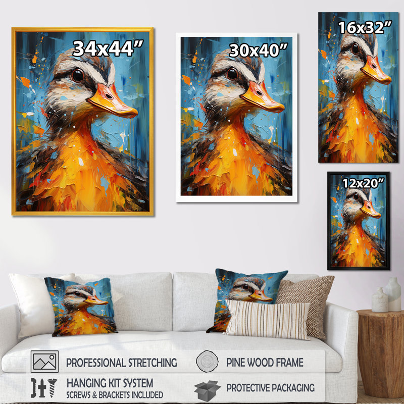«Blue and Yellow Duck Portrait I - Duck Animal», art mural, Cadre flottant doré, H 40 po x l 30 po
