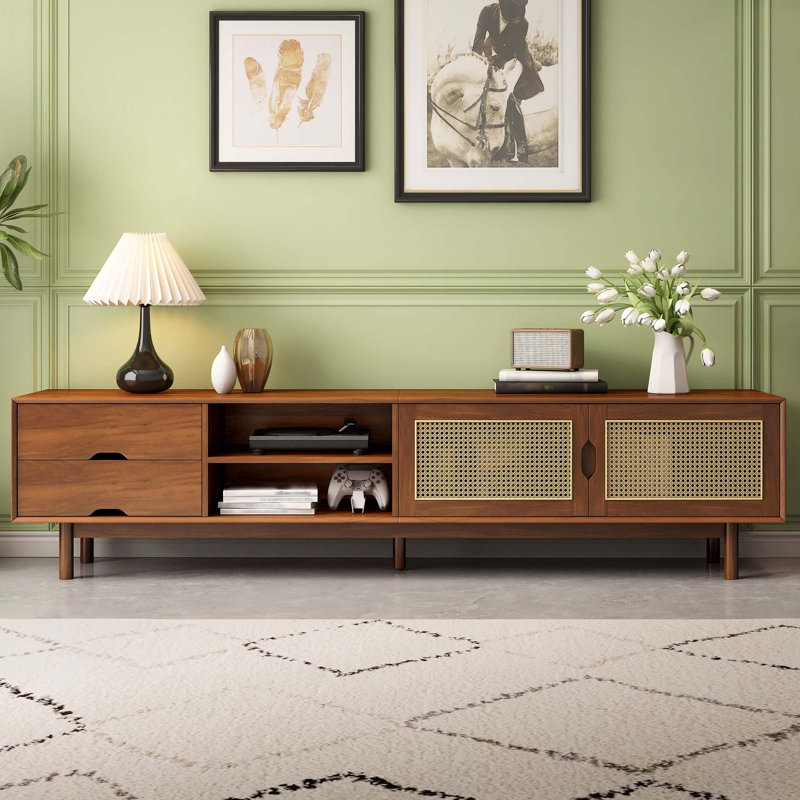 Console média en rotin organique avec pieds en bois massif et tiroirs de rangement