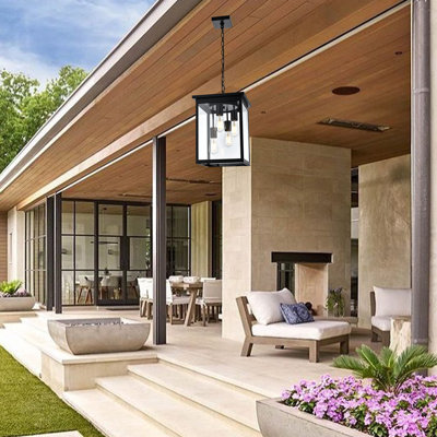 Luminaire suspendu d'extérieur noir moderne industriel avec panneaux en verre transparent, lanterne suspendue d'extérieur à 4 lumières avec chaîne réglable pour porche, patio, vestibule et pavillon de jardin, luminaire de ferme résistant aux intempéries au fini noir mat