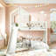 Cadre de lit superposé simple au dessus d'une maison double avec glissade, lit superposé en bois avec garde-corps en forme de X, fenêtre et espace de rangement, aucun sommier nécessaire, beige-132526485