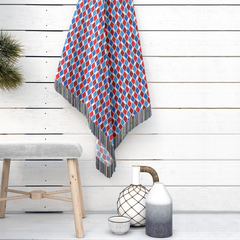 Hand Woven Throw Blanket, 37" W x 52" L, Red/Blue/Mocha, Geometric