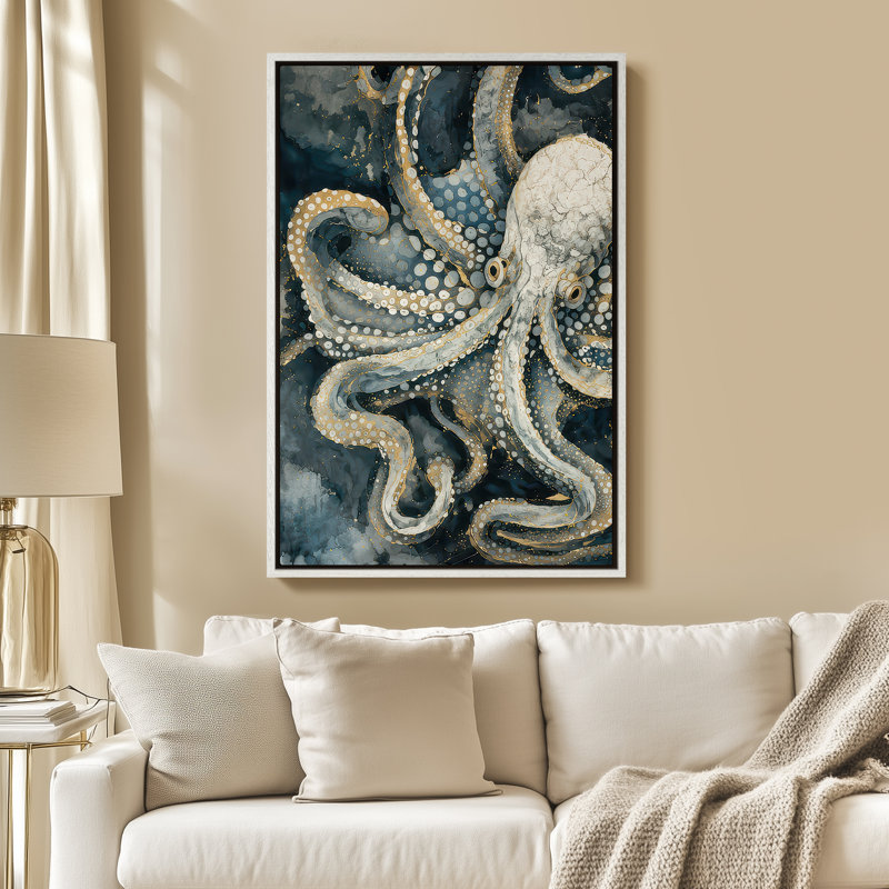 Art mural encadré sur toile - Pieuvre rétro aux couleurs de l'océan profond - 16 po x 24 po, 24 po x 36 po, 24" H x 16" W