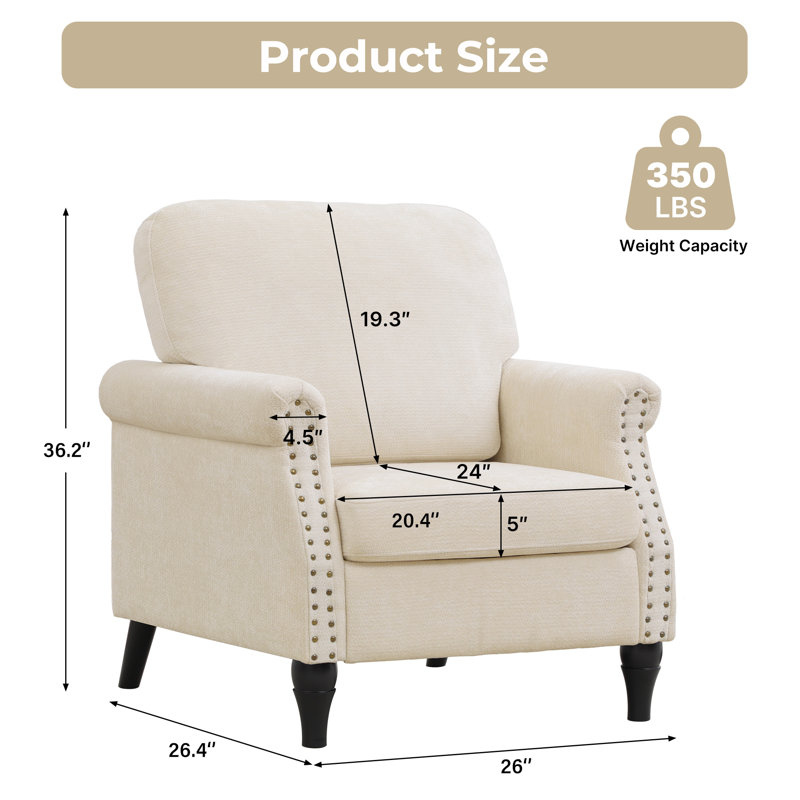 Upholstered Armchair Featuring Solid Wood Legs and Nailhead Accents, Beige