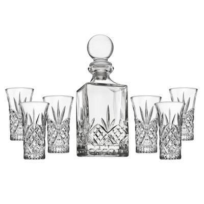Godinger Silver Art Co Dublin Crystal 7 Piece Spirits Decanter 10oz & Shot Glass 2oz Set