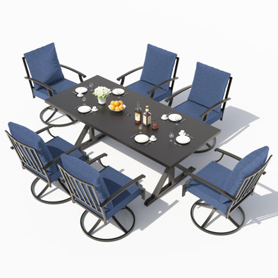 Ensemble de table de salle à manger 7 pièces avec 6 chaises pivotantes en métal et une longue table rectangulaire