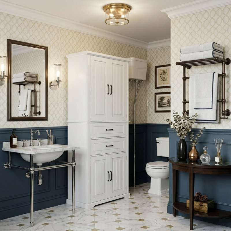 Armoire de rangement pour salle de bain Ridge avec tablettes réglables et 2 tiroirs, Blanc
