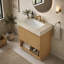 Meuble-lavabo autoportant de 76 cm (30 pouces) avec dessus en pierre frittée couleur crème veinée or, lavabo en céramique et trois trous prépercés pour robinetterie.-245468530-245468542