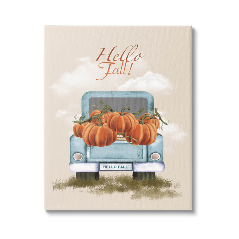 «Hello Fall Seasonal Autumn Pumpkins Floater», art mural par Andrea Jasid Grassi, H 48 po x l 36 po x P 1,5 po, Toile tendue