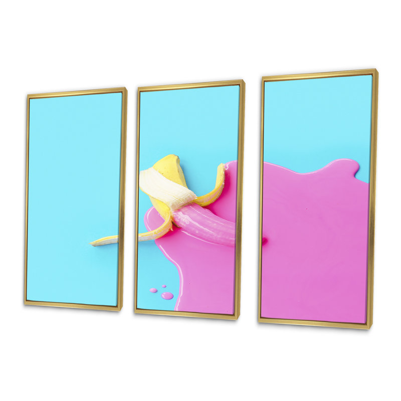 Banane rose et bleue - ensemble d'art mural moderne sur toile encadrée 3 pièces, H 20 po x l 36 po x P 1 po, Or