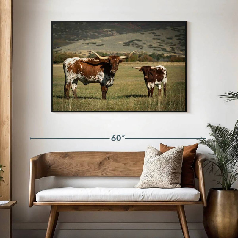 Texas Longhorn et son mollet, 46 po x 31 po, Cadre flottant noir
