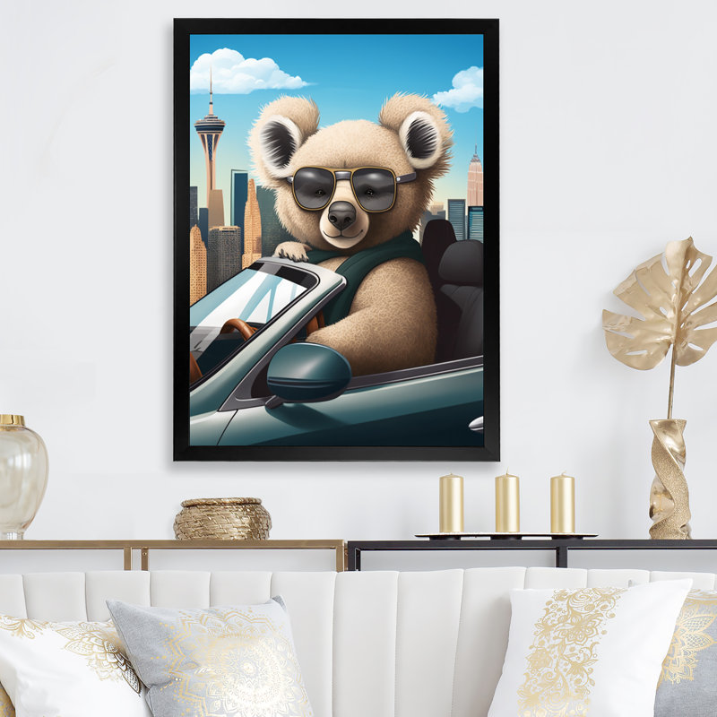 Koala gris portant des lunettes de soleil dans une voiture de sport, Cadre photo noir, H 20 po x l 12 po x P 1 po