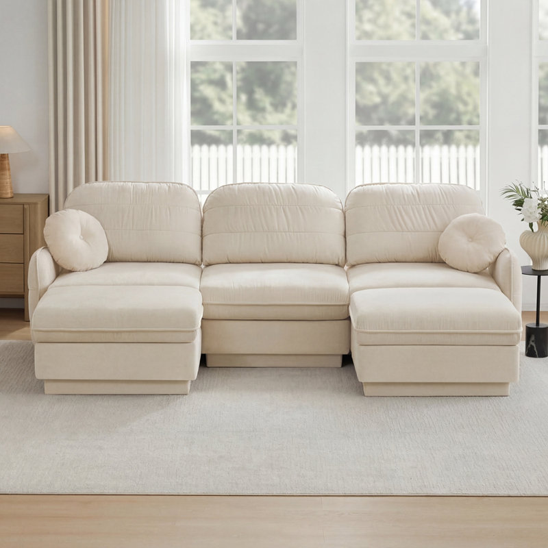 Canapé 105 po à 3 places avec 2 repose-pieds 105 po Chenille Cloud, Beige crème, H 37,4 po x l 105,1 po x P 57,8 po