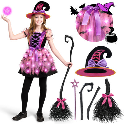Girls Light Up Witch Costume, Kids Witch Costume with Hat and Broom M