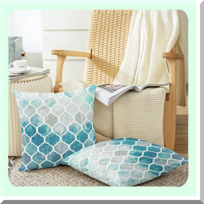 Geometric Trellis Chain Accent Throw Pillow Covers - Cozy Pack of 2 Hand Painted Cushion Cases for Couch Bed Sofa - Farmhouse Decor Grey Teal