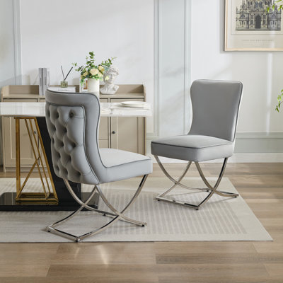 Tufted Velvet Upholstered Dining Chair with Silver Metal X-Legs