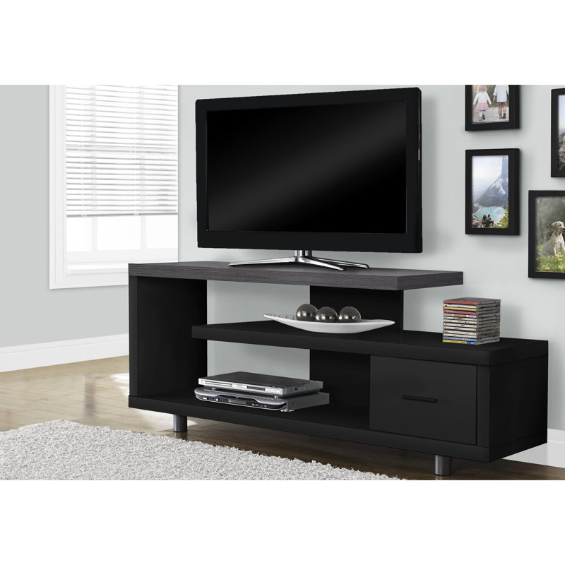 Meuble télé moderne 60 po, rangement pour divertissement multimédia, stratifié noir et gris pour les espaces de vie et de chambre à coucher