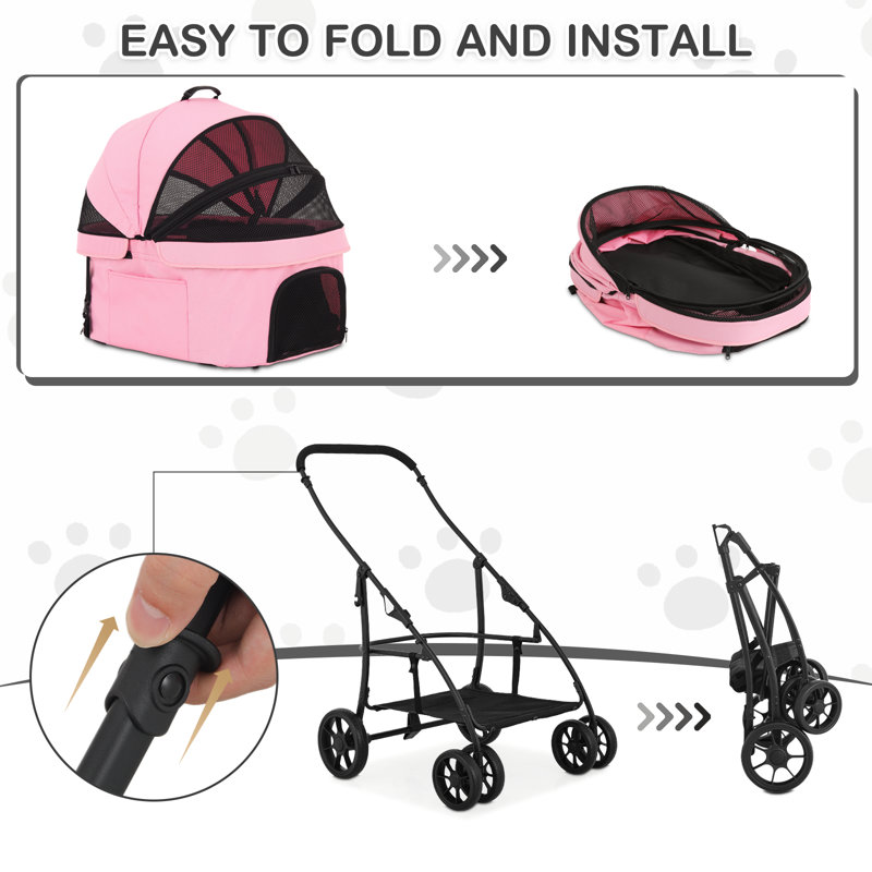 3-In-1 Pet Stroller With Detachable Carrier, Foldable Pet Dog Cat Jogger Stroller With Padded Handle