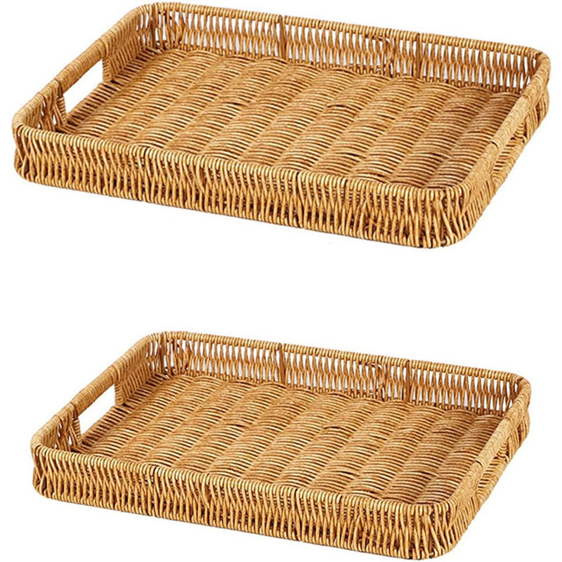 Rectangular Rattan Serving Tray with Handles, Handwoven Wicker Organizer for Coffee Table, Bread, Fruit & Snacks