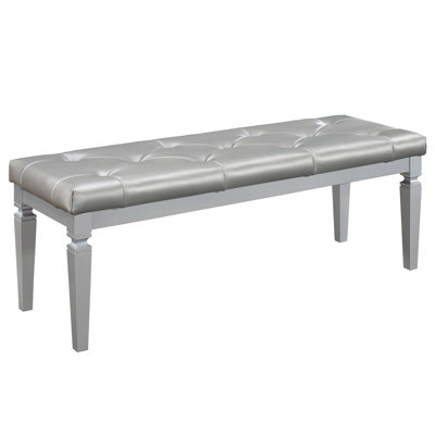 Modern Foam Cushioned Bench With Silver Faux Leather Upholstery And Section