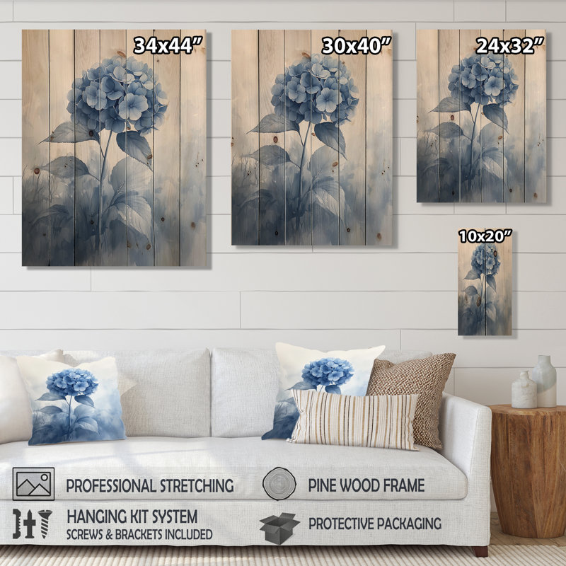 Blue Hydrangeas In The Mist Dream II - Hydrangea Wood Print - On Natural Pine Wood, 32" H x 24" W x 0.78" D
