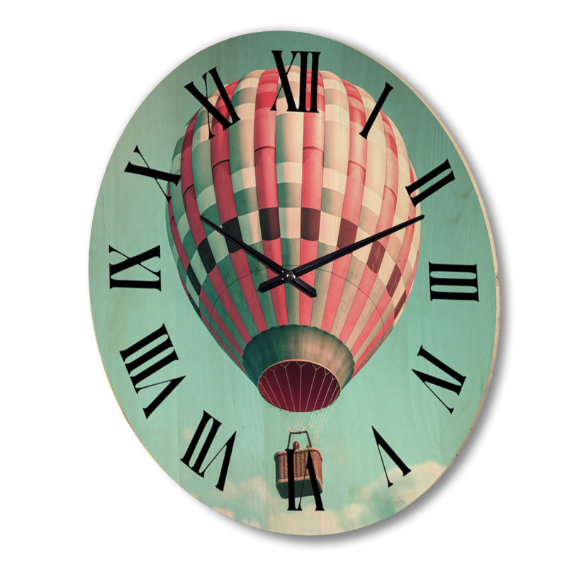 Horloge murale rétro ballon à air chaud paysage II - montgolfière en bois, Très grand