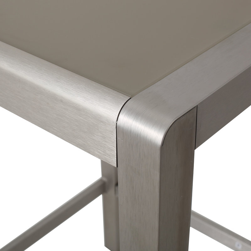 Table de bar d'extérieur légère en aluminium avec plateau en verre gris impureté et cadre antidérapant
