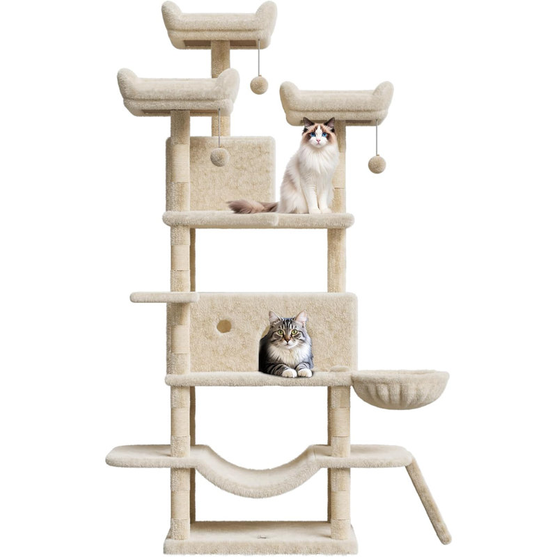 Très haute tour d'arbre à chat 68 po pour grands chats de plus de 20 lb, condo à plusieurs niveaux avec poteaux à griffer en sisal, perchoirs moelleux, hamacs, paniers, jouets suspendus et plateformes