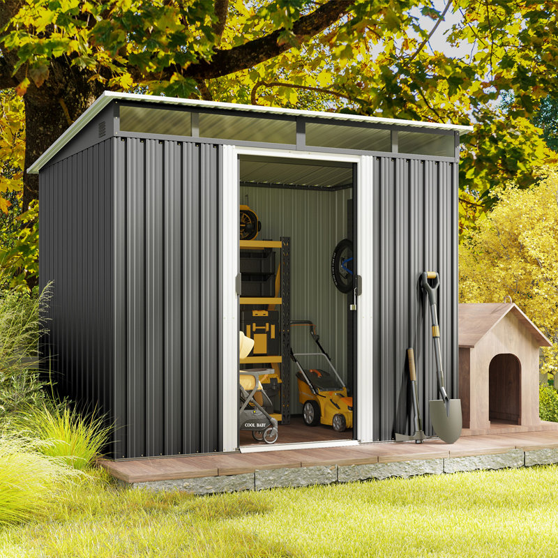 7.4 Ft. W X 5.3 Ft. D Metal Outdoor Storage Shed With Sliding Lockable Doors,Transparent Panel Windows,Outdoor Storage Clearance for Backyard, Patio, Dark Gray