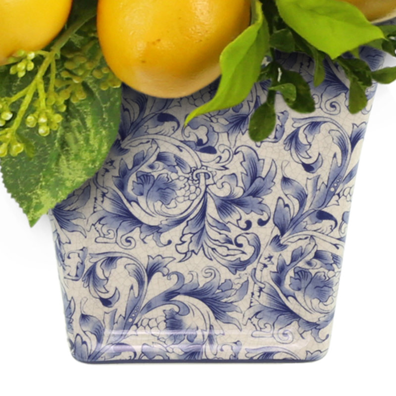 Lemon Arrangement In White Blue Ceramic Pot